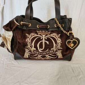 Vintage Juicy Couture Brown and Gold Scottie Dog Velour Daydreamer Bag